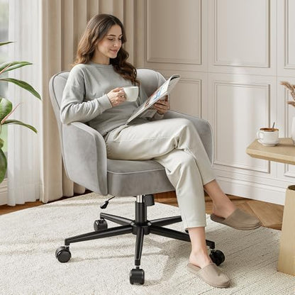DurayLoly Desk Chair with Shell Back & 360° Swivel Wheels | Comfy Velet Vanity Chair,Adjustable Height,Stylish and Comfortable for Makeup, Work & Relaxation,Grey - color: Grey