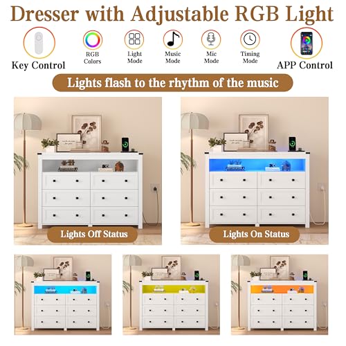 White Dresser 6 Drawer Dressers for Bedroom with LED Lights, Charging Station, Wood Chest of Drawers with Metal Handles, Modern TV Stand Storage Cabinet for Living Room, Hallway, Entryway - color: White, style: LED 6 Drawers