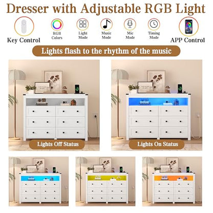 White Dresser 6 Drawer Dressers for Bedroom with LED Lights, Charging Station, Wood Chest of Drawers with Metal Handles, Modern TV Stand Storage Cabinet for Living Room, Hallway, Entryway - color: White, style: LED 6 Drawers
