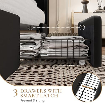 SHA CERLIN Queen Bed Frame, Storage Headboard with Drawers, Charging, Black | Velvet Upholstered Bed, Modern Wingback Headboard, 3 Drawers, USB Charging Station, No Box Spring Needed, Easy Assembly - color: Black, size: Queen