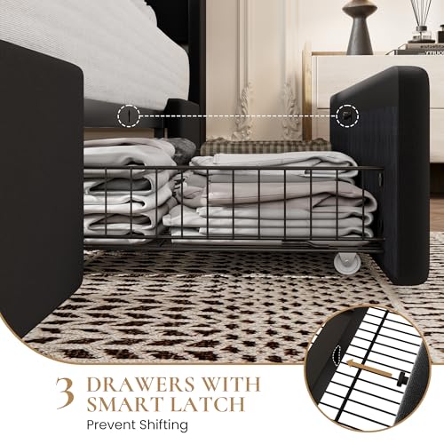 SHA CERLIN Full Bed Frame, Storage Headboard with Drawers, Charging, Black | Velvet Upholstered Bed, Modern Wingback Headboard, 3 Drawers, USB Charging Station, No Box Spring Needed, Easy Assembly - color: Black, size: Full