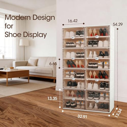 White Shoe Rack Organizer for 32 Pairs of Folding Design | Tool-free Assembly, Magnetic Clear Door, Anti-Tiping, Sneaker Storage, adjustable shelf, Folding Design, Garage, Entryway - size: 8Tier