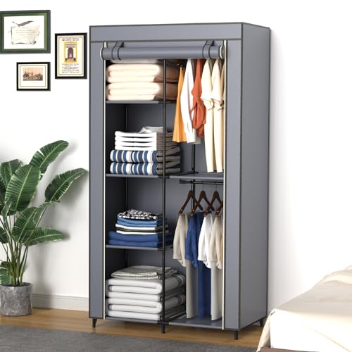 Gray Cover Portable Closet with 6 Shelves & 2 Hanging Rods | Wardrobe closet easy to assemble. Good storage functionality for basic needs. 34.6"×17.7"×66.1". Bedroom, dorm, apartment. - size: Medium