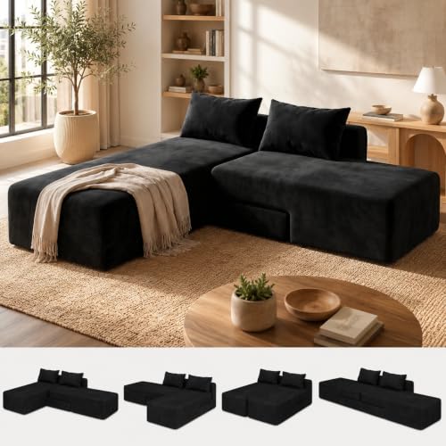 Boneless Sectional Couch, 4 in 1 Convertible Cloud Couch with Reversible Chaise & Deep Seat, Modular Sectional Sofa for Apartment, No Assembly Chenille Foam Couch in a Box, Black - color: Black, size: 89" Convertible Chaise Chenille