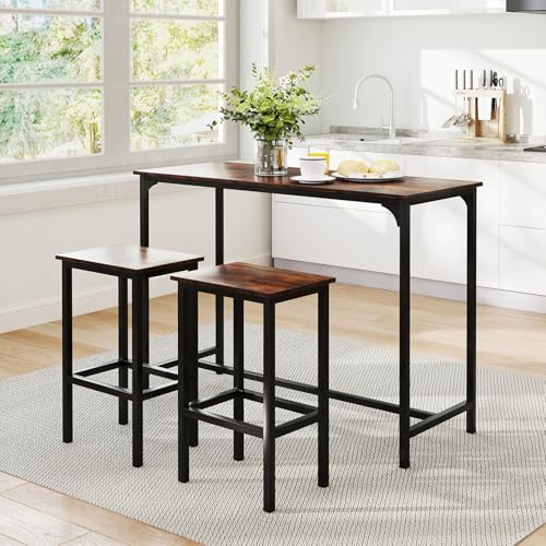 COSTWAY 3-Piece Dining Table Set, 47.5" Industrial Counter-Height Kitchen Table and 2 Bar Stools, High Top Rectangular Pub Table and Chairs for Dining Room Small Place Breakfast Nook Bistro (Coffee) | w/ 2 Bar Stools, High Top Rectangular Pub Table and Ch