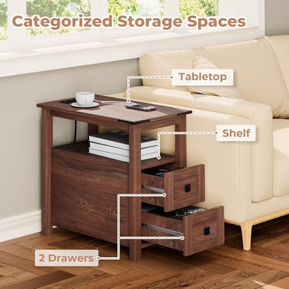 VVFLU Farmhouse End Table with Charging Station and 2 Storage Drawers, Cherry Wood Nightstand Narrow, Skinny Side Table Rustic, Slim Bedside Table, Open Shelf, Small for Bedroom, Living Room, Sofa - color: Cherry/Wood