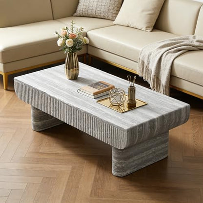 46.85" Coffee Table with Faux Marble Tabletop & Fluted Drawer for Living Room, Modern Rectangular MDF Wooden Centre Table Tea Table for Apartment, Grey - color: 46.85" Coffee Table With Faux Marble Tabletop,grey