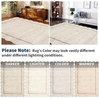 GarveeHome Scalloped Washable Round Rugs Non-Slip Round Rug 4 ft, Beige | Soft Ultra-Thin Small Boho Circle Stain Resistant Low Pile Carpet for Entryway Kitchen Bedroom Nursery Bathroom - color: Beige, size: 4' x 4' (Round)