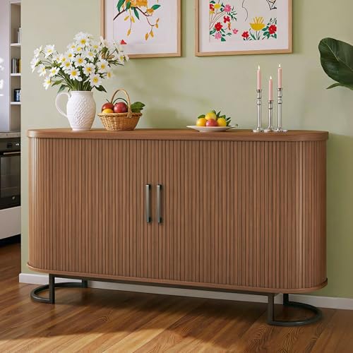 HUAHUU 54.3" Sideboard Buffet Cabinet with Storage, Sliding Door & Adjustable Shelf, Modern Buffet Storage Cabinet for Kitchen, Entryway, Walnut - color: Walnut, size: 15.7"D x 54.3"W x 30.3"H