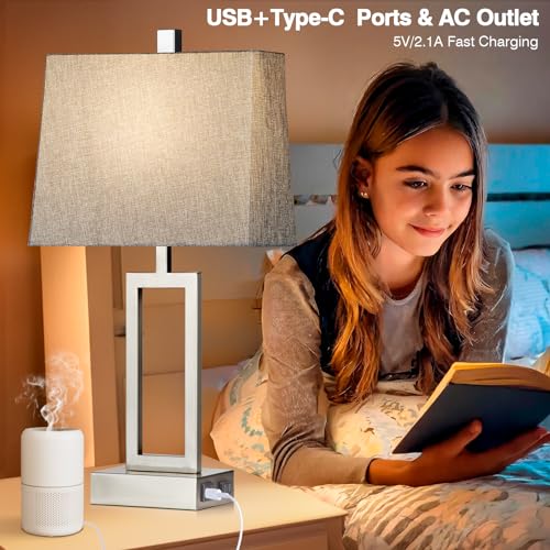Lolikit 23.5" Touch Control Table Lamps, Metal Bedside Lamp for Bedroom Set of 2 with USB A+C Ports & AC Outlet, 3-Way Dimmable Nightstand Lamp for Living Room (LED Bulb Included) - color: Silver - 23.5"H