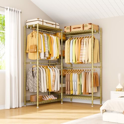 E4L Corner Clothes Rack, L Shaped Garment Rack, Heavy-Duty Freestanding Closet System with Shelves and Hangers, Max Load 962lbs, 42.7" W x 42.7" D x 79.3" H, Gold - color: Gold