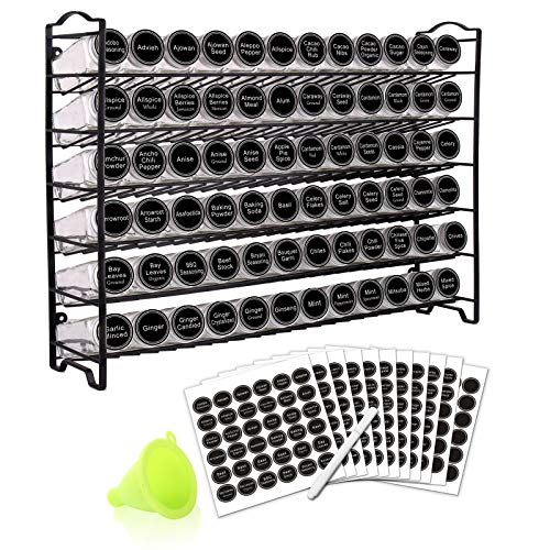 SWOMMOLY Spice Rack Organizer with 72 Spice Jars 4 oz, 396 Spice Labels | Chalk Marker, Funnel Set, Spice Organizer for Countertop, Pantry, Cabinet, Cupboard & Wall Mount, 22.2" W × 16.5" H, Black