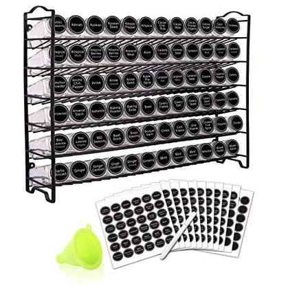 SWOMMOLY Spice Rack Organizer with 72 Spice Jars 4 oz, 396 Spice Labels | Chalk Marker, Funnel Set, Spice Organizer for Countertop, Pantry, Cabinet, Cupboard & Wall Mount, 22.2" W × 16.5" H, Black