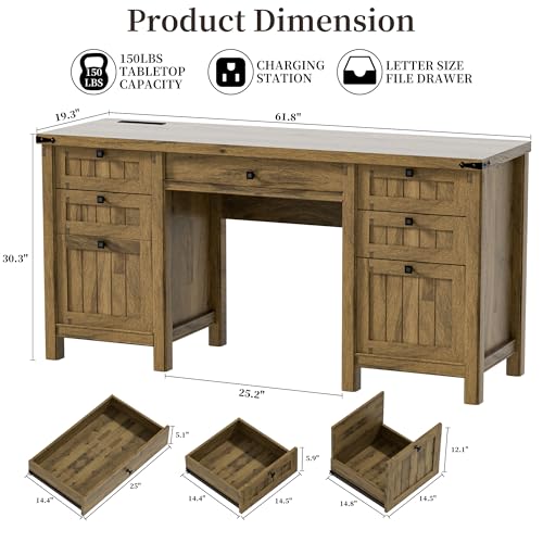 62" Executive Desk Home Office Desk with File Drawer & Cabinet | Farmhouse Computer Desk with Charging Station for Work Study Writing Cabinet Storage Workspace Light Brown - color: Light Brown, size: 62"