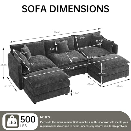Modular Sectional Sofa, 112.2 Inch U Shaped Couch Set with Armrests, 3-Seater Comfy Cloud Couches with Movable Ottoman for Living Room Apartment, Grey - color: Grey, size: 112'' - U Shape