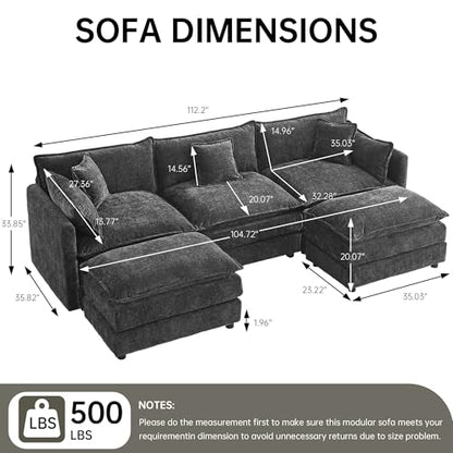 Modular Sectional Sofa, 112.2 Inch U Shaped Couch Set with Armrests, 3-Seater Comfy Cloud Couches with Movable Ottoman for Living Room Apartment, Grey - color: Grey, size: 112'' - U Shape