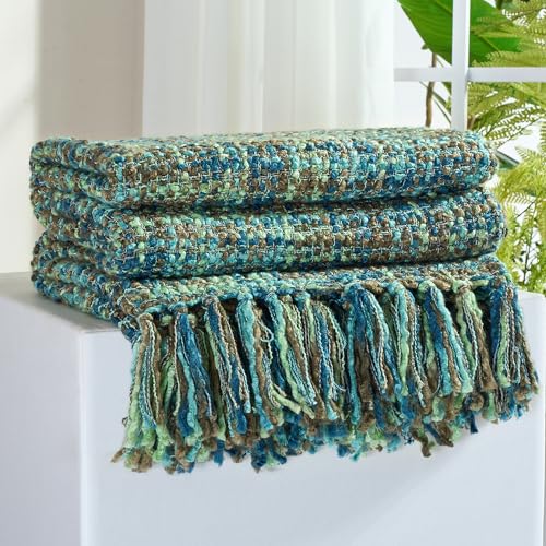 Multi-Color Cable Woven Throw Blanket for Couch - 50"X60" | Multicolored Boho Style,Super Soft Warm Cozy Chunky Blankets with Decorative Tassels for Bed and Sofa,Green - color: Multi-color Green, size: 50"x60"