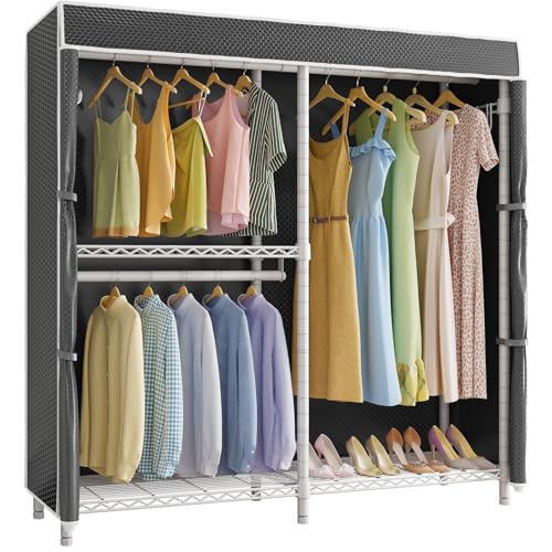 VIPEK V4C Garment Rack with Cover, Heavy Duty Portable Closet Adjustable Metal Clothing Rack for Hanging Clothes with Hanging Rods & Side Hooks, Max Load 810lbs, White Rack with Black Cover - color: White Rack with Black Cover, style: V4C
