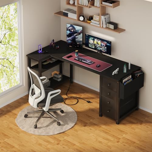Lufeiya L Shaped Gaming Desk with Drawers & Storage Shelves, 55 Inch Corner Computer Desk with Power Outlet for Home Office Bedroom, L-Shaped Teen PC Desks with Fabric Drawer, Black - color: Black, size: 55.1"