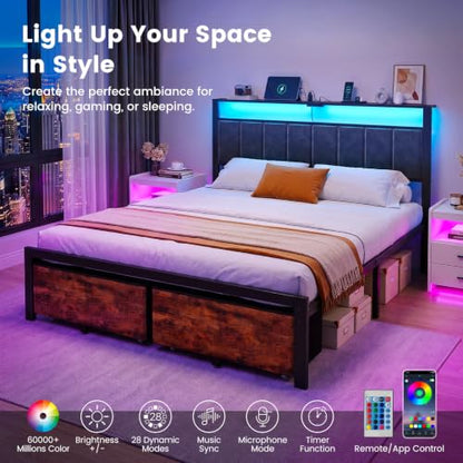 Queen Size Bed Frame with Upholstered Headboard and 2 Storage Drawers | Metal Platform Bed, LED Lights, USB Charging Station, Noise Free, No Box Spring Needed, Easy Assembly - size: Queen