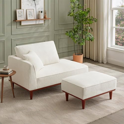 Upholstered Chaise Lounge Chair Indoor with Ottoman & Armrest & Lumbar Pillow, Boucle Fluffy Reading Chair, Modern Leisure Recliner Sofa for Office Living Room Bedroom (White, Left Facing) - color: White