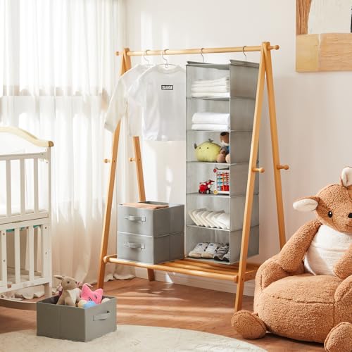 MAX Houser 6 Tier Shelf Hanging Closet Organizer with 2 Hooks, Light Grey | foldable lightweight fabric closet storage, space-saving design for Bedroom, Closet Hanging Shelf for Storage - color: Light Grey