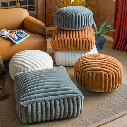 Round Unstuffed Ottoman Cover Pouf Foot Rest, Caramel | Cover Only, 20x20x8 In, Soft Short Plush, Ribbed Texture, Modern Style, Living Room, Bedroom, Reading Nook - color: Caramel