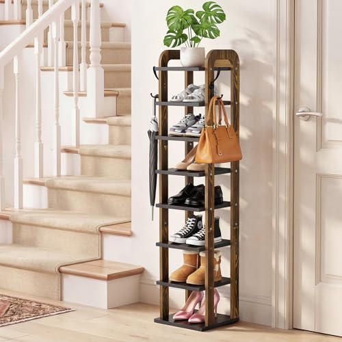Wooden 8 Tiers Vertical Shoe Rack | Shoe Storage with Hooks, Shoe Organizer for Small Spaces, Space Saving for Entryway, Closet, Living Room, Bedroom, Front Door