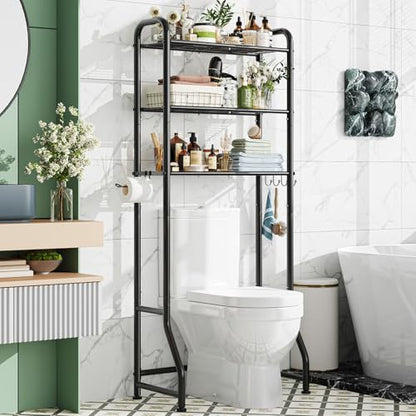 Simple Trending Over The Toilet Storage Rack, Metal 3 Tier Bathroom Organizer Shelf with Paper Holder and 3 Hooks, Freestanding Shelf Space Saver Above Toilet,Black - color: 3-tier Black
