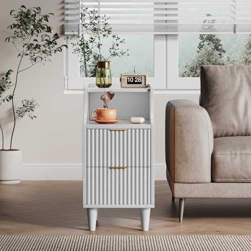Narrow Nightstand Set of 2,11.8" Fluted Bedside Table Set of 2, Slim Side End Table with 2 Drawers, Wooden Bedside Table, White Wood Night Stand for Bedroom Livingroom Sofa Office - color: White,11.8" With 2 Drawers