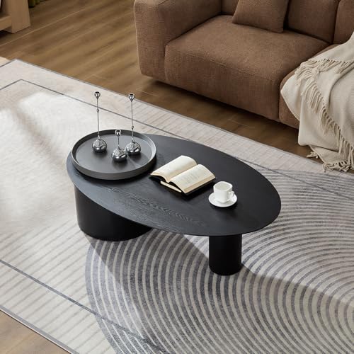 47.24" Modern Coffee Table with Storage Space, Round Low End Table, Rustic Style Bedside Table for Bedroom Living Room - color: Oval+tray-black