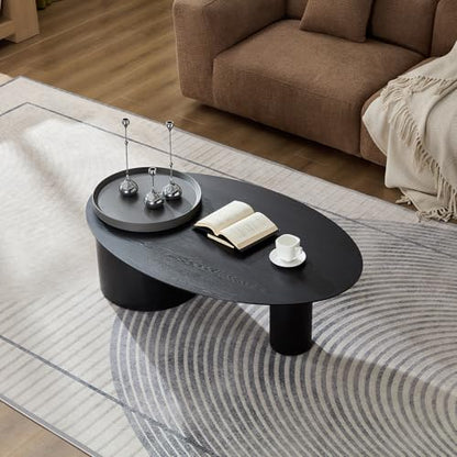 47.24" Modern Coffee Table with Storage Space, Round Low End Table, Rustic Style Bedside Table for Bedroom Living Room - color: Oval+tray-black