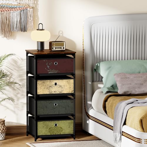 VASICAR Storage Unit with 4 Drawers, Fabric Nightstand, Wood Top | Clothes Organizer, Craft Storage Chest, Small Pattern Dresser for Bedroom, Closet, Nursery, Dorm - size: 11.8"D x 15.8"W x 30.7"H (4 Drawers)
