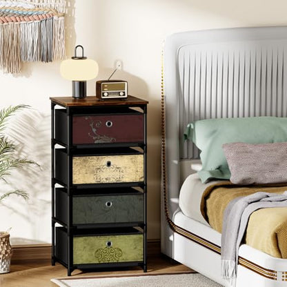 VASICAR Storage Unit with 4 Drawers, Fabric Nightstand, Wood Top | Clothes Organizer, Craft Storage Chest, Small Pattern Dresser for Bedroom, Closet, Nursery, Dorm - size: 11.8"D x 15.8"W x 30.7"H (4 Drawers)