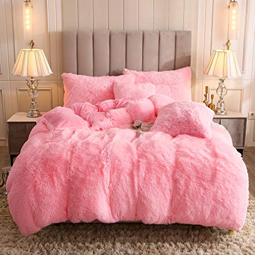 Faux Fur Velvet Fluffy Bedding Duvet Cover Set Down Comforter Quilt Cover with Pillow Sham, Ultra Soft Warm (Twin, Pink) - color: Pink, size: Twin