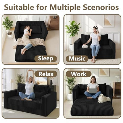 41.3" Loveseat Boneless Couch,4-in-1 Convertible Sofa Bed | Plush Fur Folding Futon Sofa Bed Couches w/1-Pillow for Living Room,High-Density Foam,No Assembly Required(Twin Black)