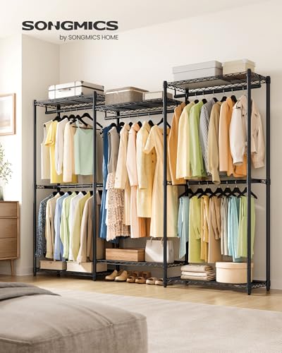 SONGMICS Heavy-Duty Clothes Rack, Garment Rack, Portable Closet, 86.4-Inch Wide Clothing Rack with Adjustable Mesh Shelves and Hanging Rails, Ink Black ULGR434B01 - color: Ink Black, size: 86.4"L x 76"H, style: Without Fabric Cover