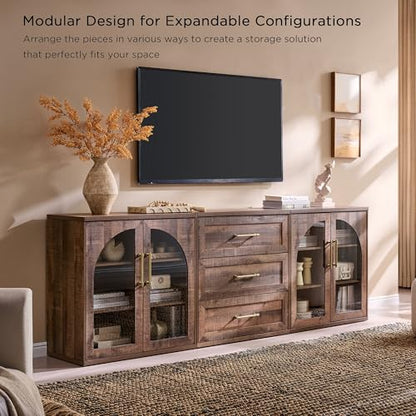Glass Arched Door Sideboard Buffet Cabinet Set of 2, Rustic Oak | Modular, Multi-Compartment Storage, Adjustable Shelf, Soft Close Hinges, Freestanding, for Dining Room, Living Room - color: Rusti Brown