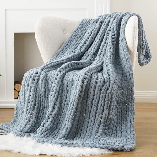 BATTILO HOME Blue Chunky Knit Throw Blanket for Couch, 50"x60" | Handmade Chunky Blanket, Soft Thick Cable Knit Crochet Blanket, for Bed, for Home Decor - color: Bluish Grey