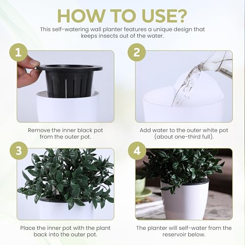 Self Watering Wall Mounted Planters | Set of 3 White Indoor/Outdoor Hanging Planter with Double Layer Design & Flat Backed for Mounting | Effortless Plant Care & Stylish Wall Pots.