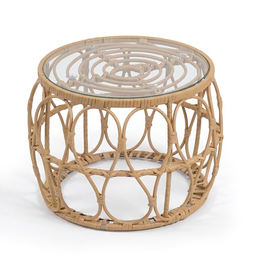 Furniture of America Ysar Boho Rattan Round Coffee Table Outdoor with 5mm Tempered Glass Top, All-Weather and Rust Resistant Patio Furniture - color: Natural/18.9 In.
