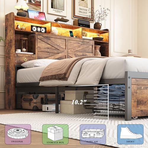 TIGUBFRE Queen Bed Frame with 4 Drawers Bookshelf Headboard, Farmhouse Bed Frame with Charging Station & LED Lights, Metal Slats Support, Noise Free, No Box Spring Needed Rustic Brown - color: Rustic Brown, size: Queen