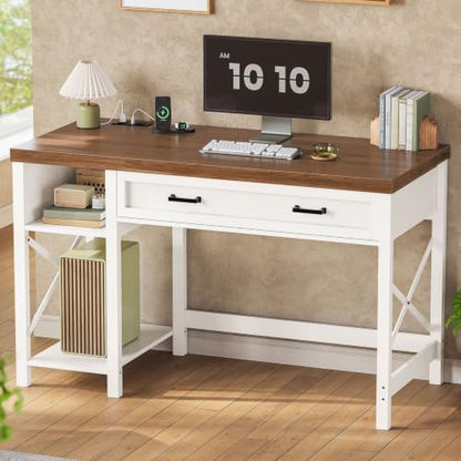 SEDETA Farmhouse Small Desk with Drawers, 40" Computer Desk with Storage Shelves, White Writing Desk for Small Space and Power Outlet, Desk for Bedroom, Home Office - color: White