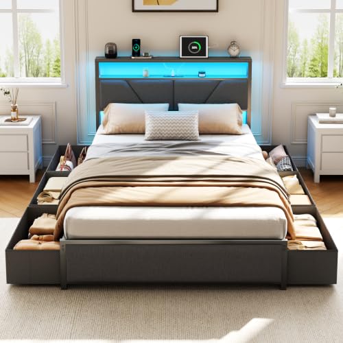 Full Size Bed Frame with Storage Headboard, 6 Drawers, LED&Charging | 2-Tier Fabric Upholstered Headboard, Charging Station&RGB Lights, No Box Spring Needed, easy assembly, Noise-Free - color: Dark Gray, size: Full