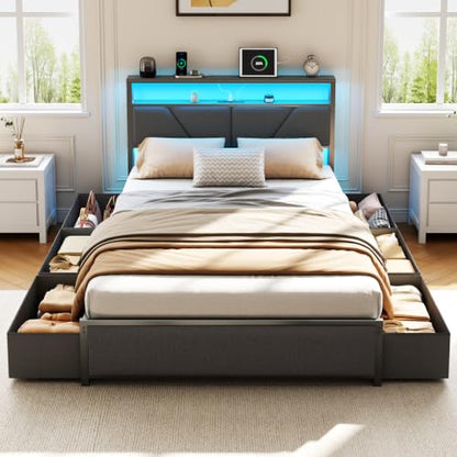 Full Size Bed Frame with Storage Headboard, 6 Drawers, LED&Charging | 2-Tier Fabric Upholstered Headboard, Charging Station&RGB Lights, No Box Spring Needed, easy assembly, Noise-Free - color: Dark Gray, size: Full