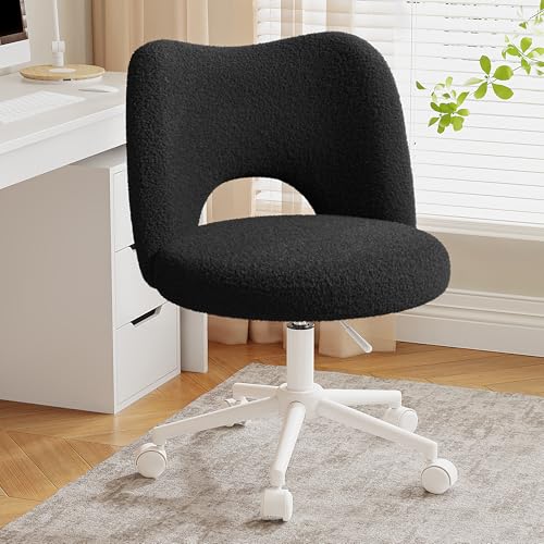 DurayLoly Vanity Chair with Wheels & Breathable Open-Back,Black | Fluffy Teddy Fleece Height Adjustable Armless 300lbs for Makeup Room, Bedroom, Dorm, Home Office, Black - color: Black