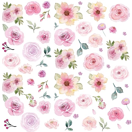AOWDIAO 60 Pcs Flower Peel and Stick Wall Decals Watercolor Vinyl Peony Floral and Leaves Wall Stickers Pastel Flower Decor for Girls Bedroom Nursery Classroom Living Room - style: Flower