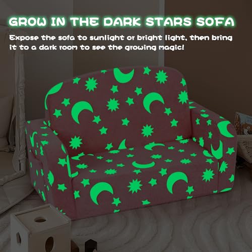 Foryoomi Extra Wide Kids Couch, Kids Sofa, Toddler Sofa, Glow in The Dark, 2-in-1 Soft Toddler Couch with Blanket and Pillow, Moon Style, Pink - color: Pink Moon