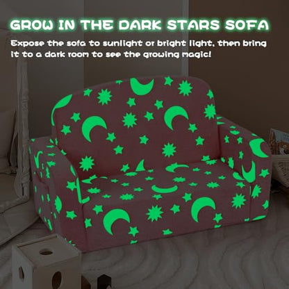 Foryoomi Extra Wide Kids Couch, Kids Sofa, Toddler Sofa, Glow in The Dark, 2-in-1 Soft Toddler Couch with Blanket and Pillow, Moon Style, Pink - color: Pink Moon