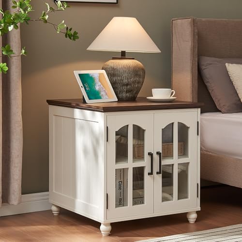 RWYHG Farmhouse 24" End Table Set 2 with Charger, Glass Barn Door, White | USB Ports, Solid Wood Legs, Adjustable Storage Shelf, Square Bedside Table for Living Room,Bedroom - color: White, size: Set 2
